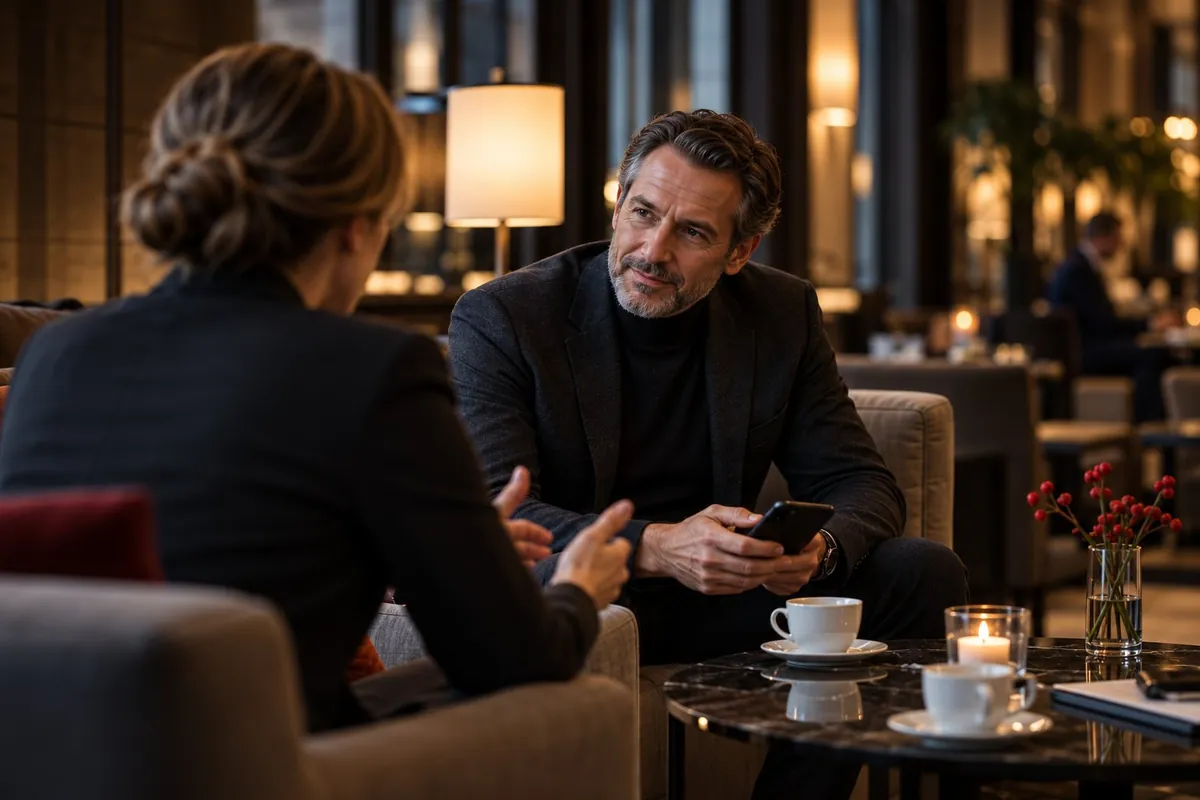Vertrauliches Gespräch zwischen zwei Personen in einer Hotellounge