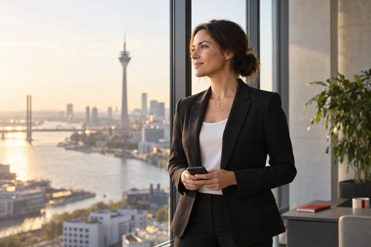 Frau mit Smartphone am Bürofenster mit Blick über Düsseldorf